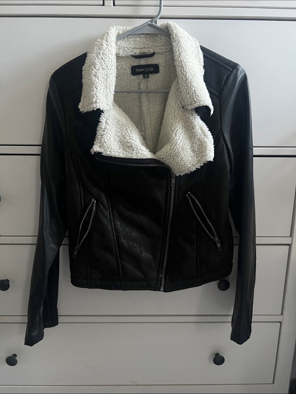 New Look Black Faux Leather Moto Jacket with Cream Sherpa Collar